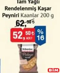 KAANLAR TAM YAĞLI RENDELENMİŞ KAŞAR PEYNİRİ 200 G